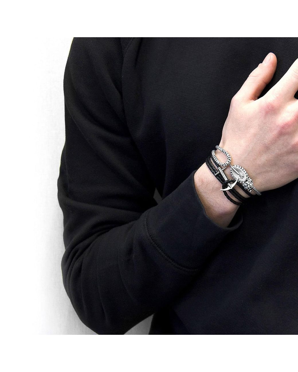 Anchor and Crew Multicolor Coal Black Admiral Anchor Silver & Braided Leather Bracelet for men