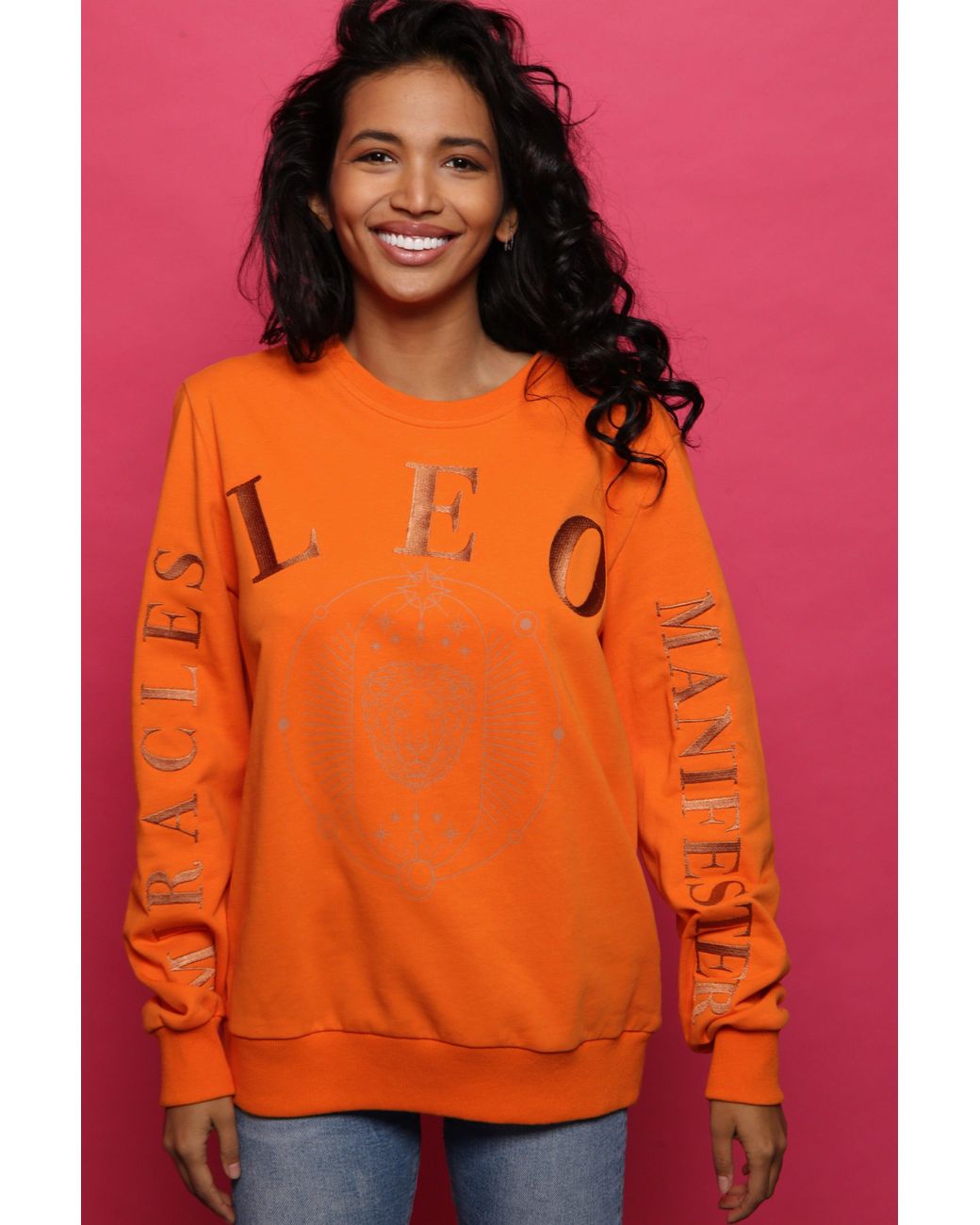Miracles Manifester Orange Oversized Embroidered Leo Sign Sweatshirt