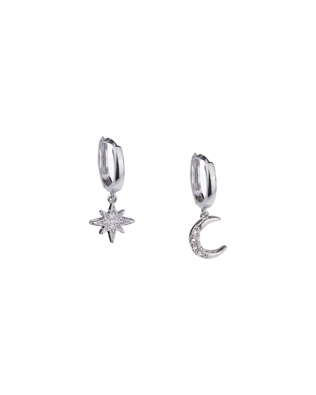 Seven Saints Metallic Moon And Star Huggie Hoop Earrings With Drop Charms, Rhodium Plated