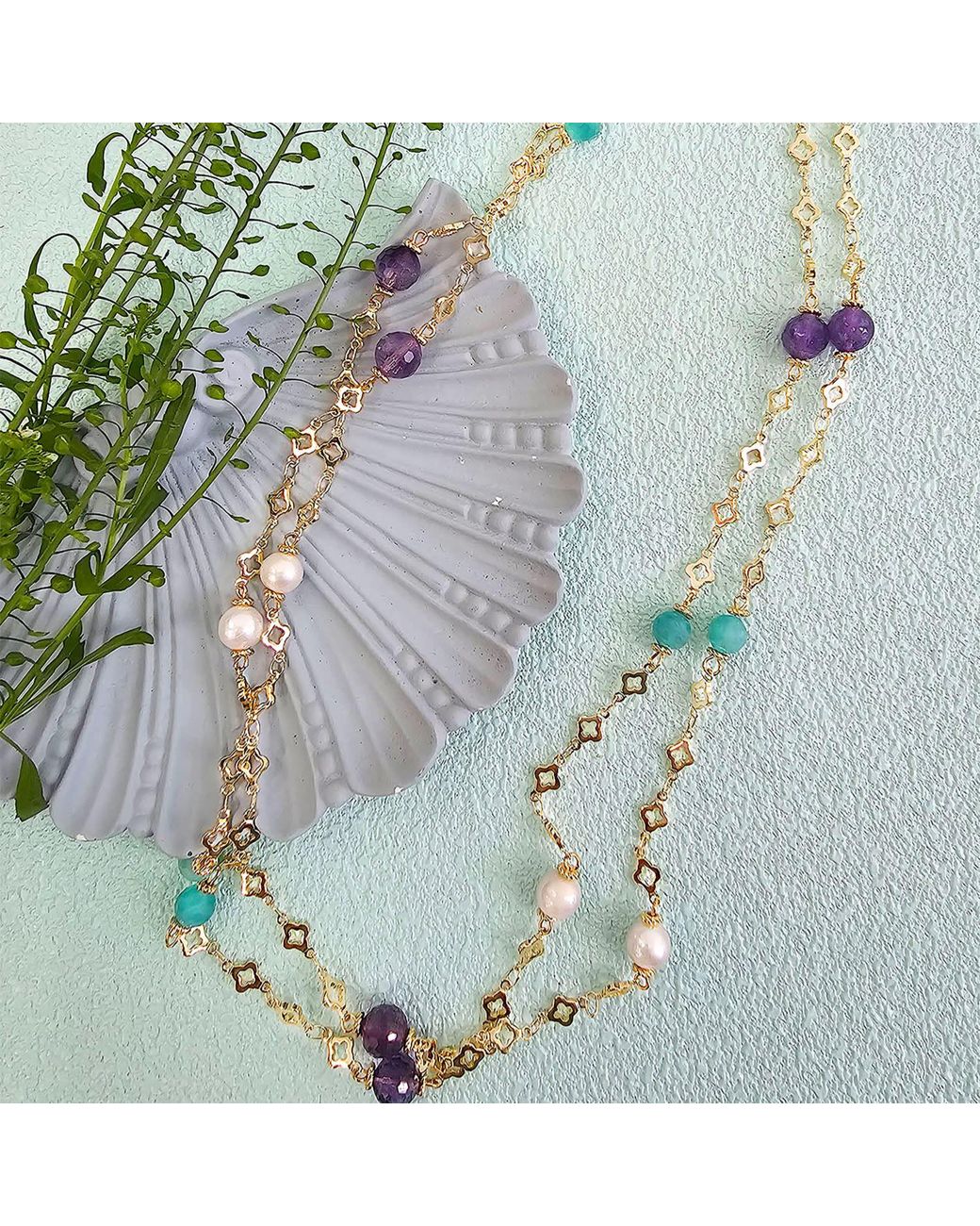 Farra White Amethyst Amazonite & Pearl Long Station Necklace