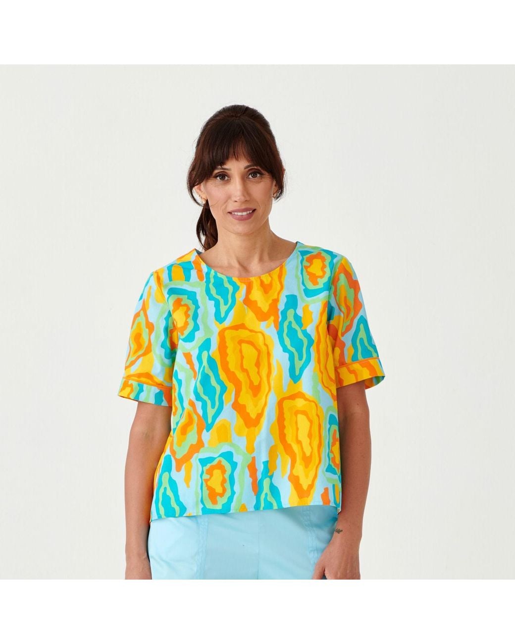 Perlavera Blue Didi Peach Carnaval Printed Cotton With Back Placket Short Sleeve Length Shirt