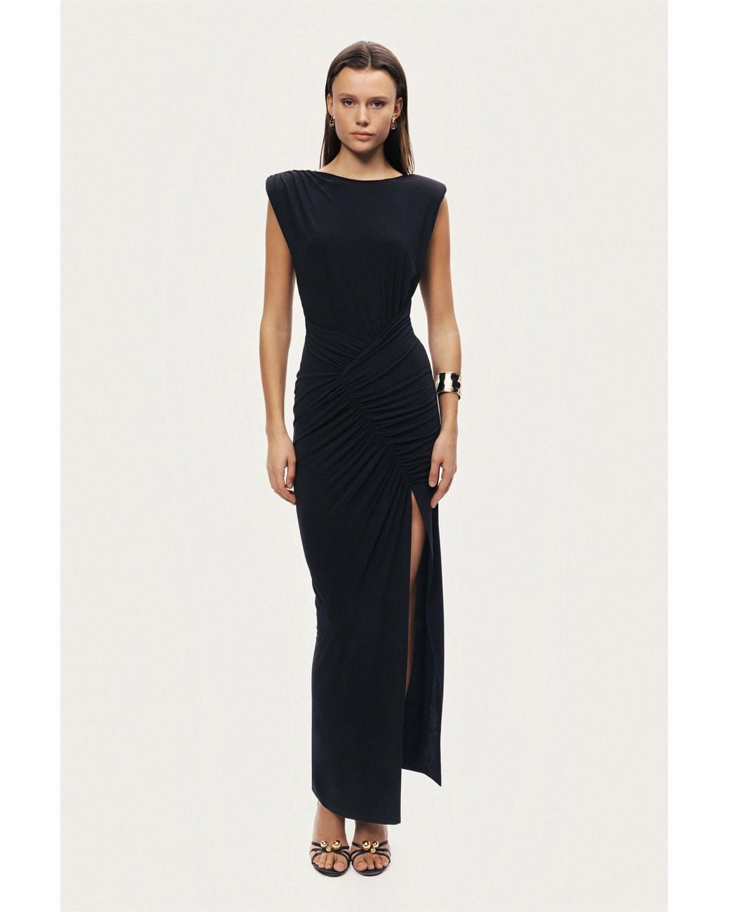 Nocturne Black Ruched Side-Slit Maxi Dress