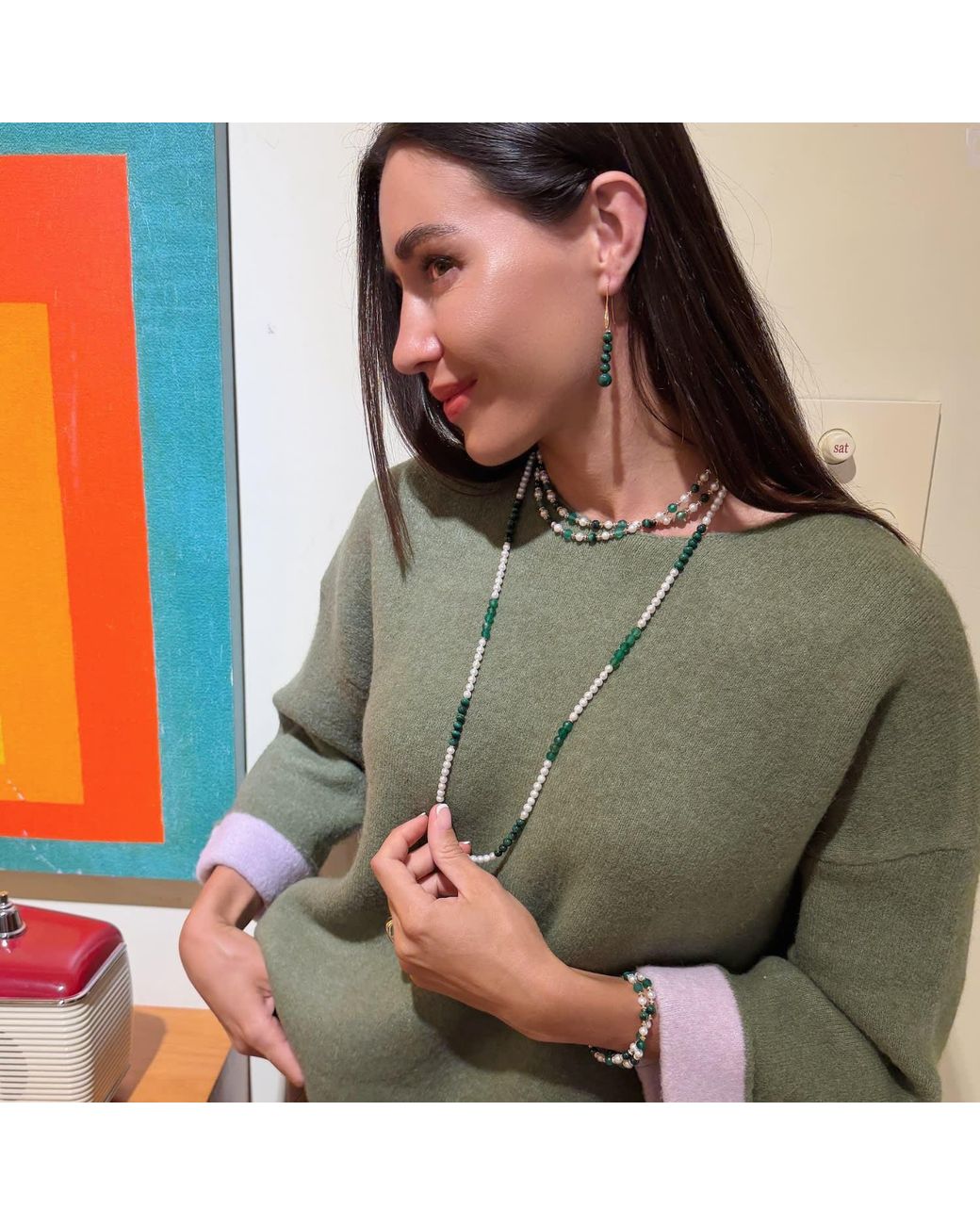 Farra Green Freshwater Pearl With Malachite And Agate Long Necklace