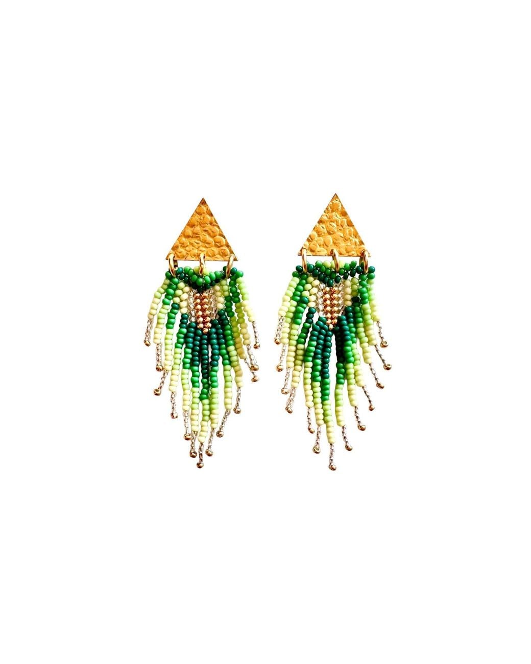 Iliana Arrazola Green Triangle Fringe, Dangle Earrings, Glass Beads, Beaded Jewelry