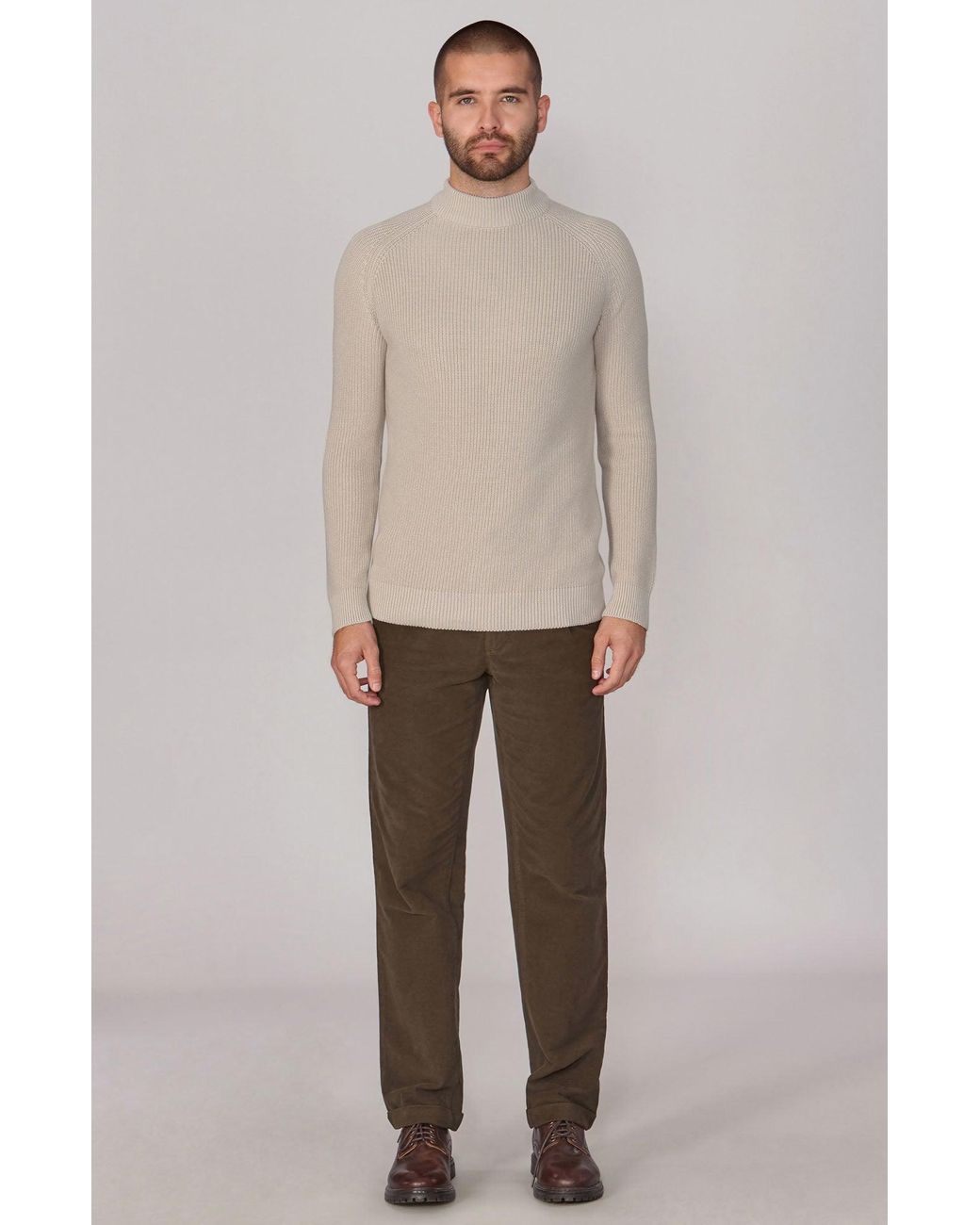 Paul James Knitwear Gray Midweight Cotton Byrne Ribbed Mock Turtle Neck Jumper for men