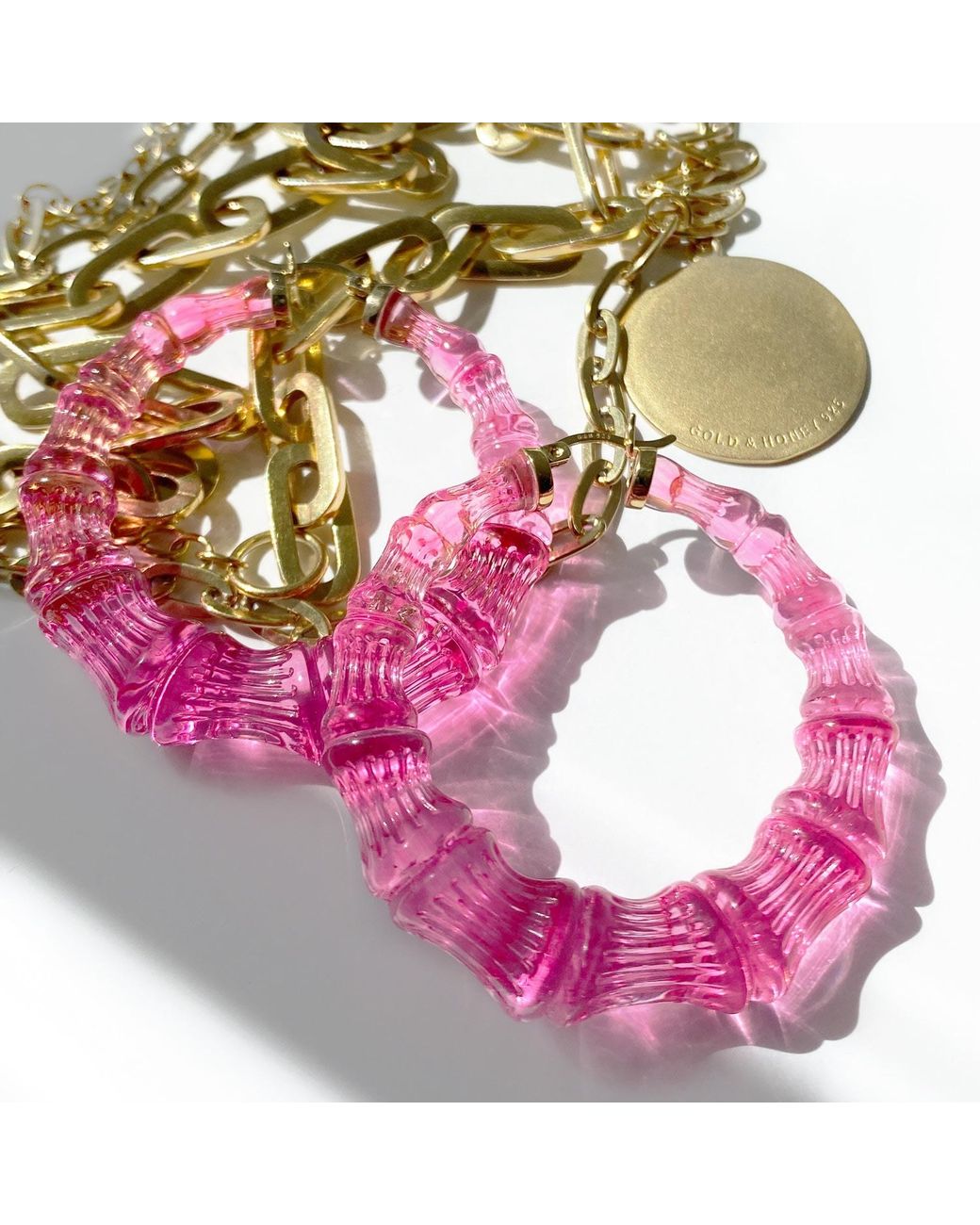 Gold & Honey Pink Hot Bamboo Lucite Hoop Earrings