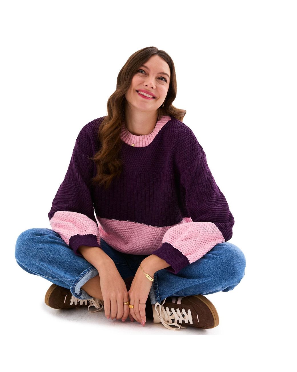 Cara & The Sky Purple Taz Colour Block Balloon Sleeve Jumper