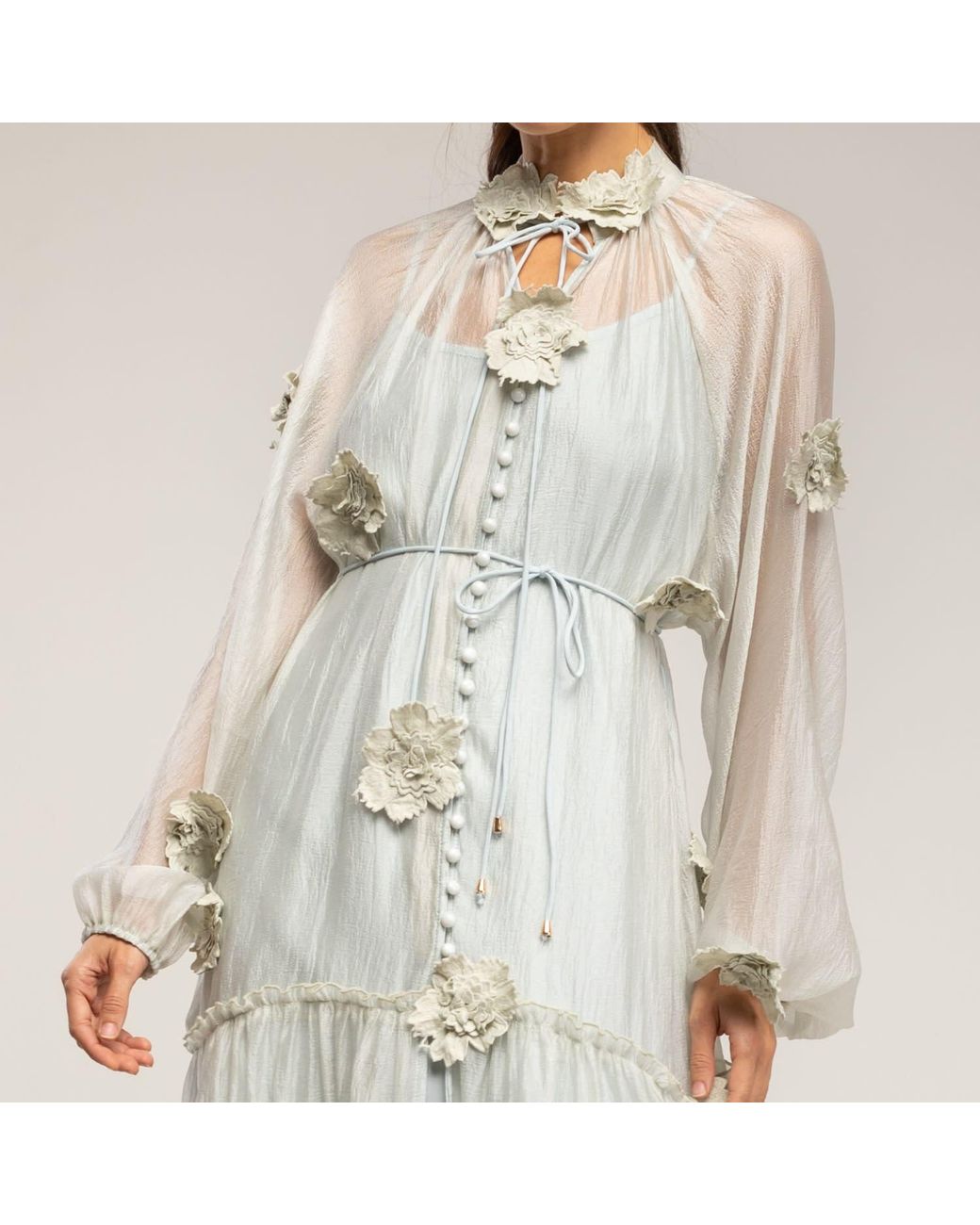 Tantra Spain Sl Natural Semi-Transparent Dress With Buttons, Floral Details, And Ruffles. Belt And Lining Sold Separately