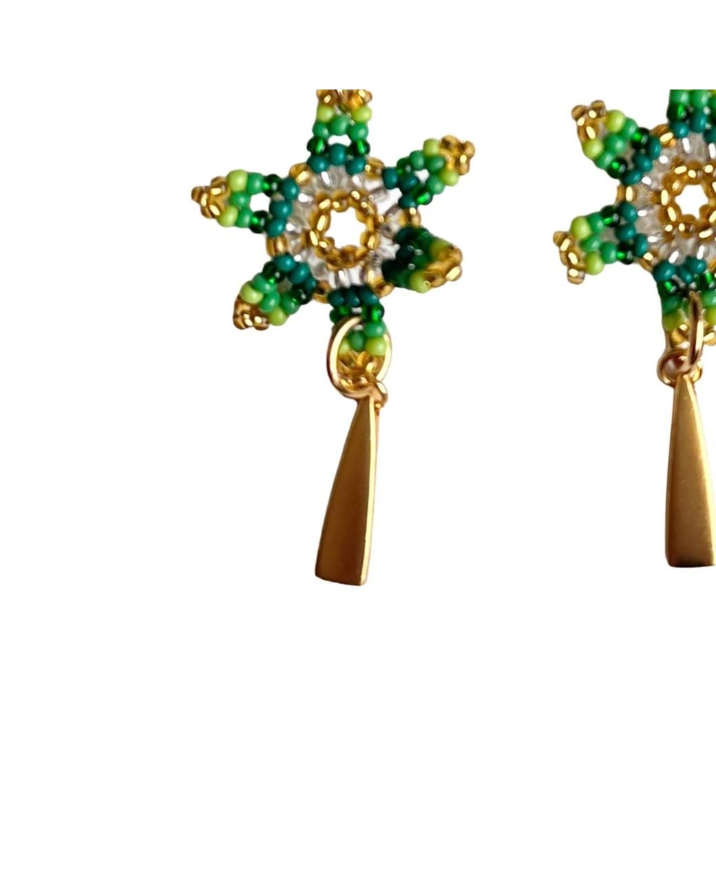 Iliana Arrazola Green Waterfall Blossom Three Flowers Dangle Earrings, Glass Beads, Beaded Jewelry
