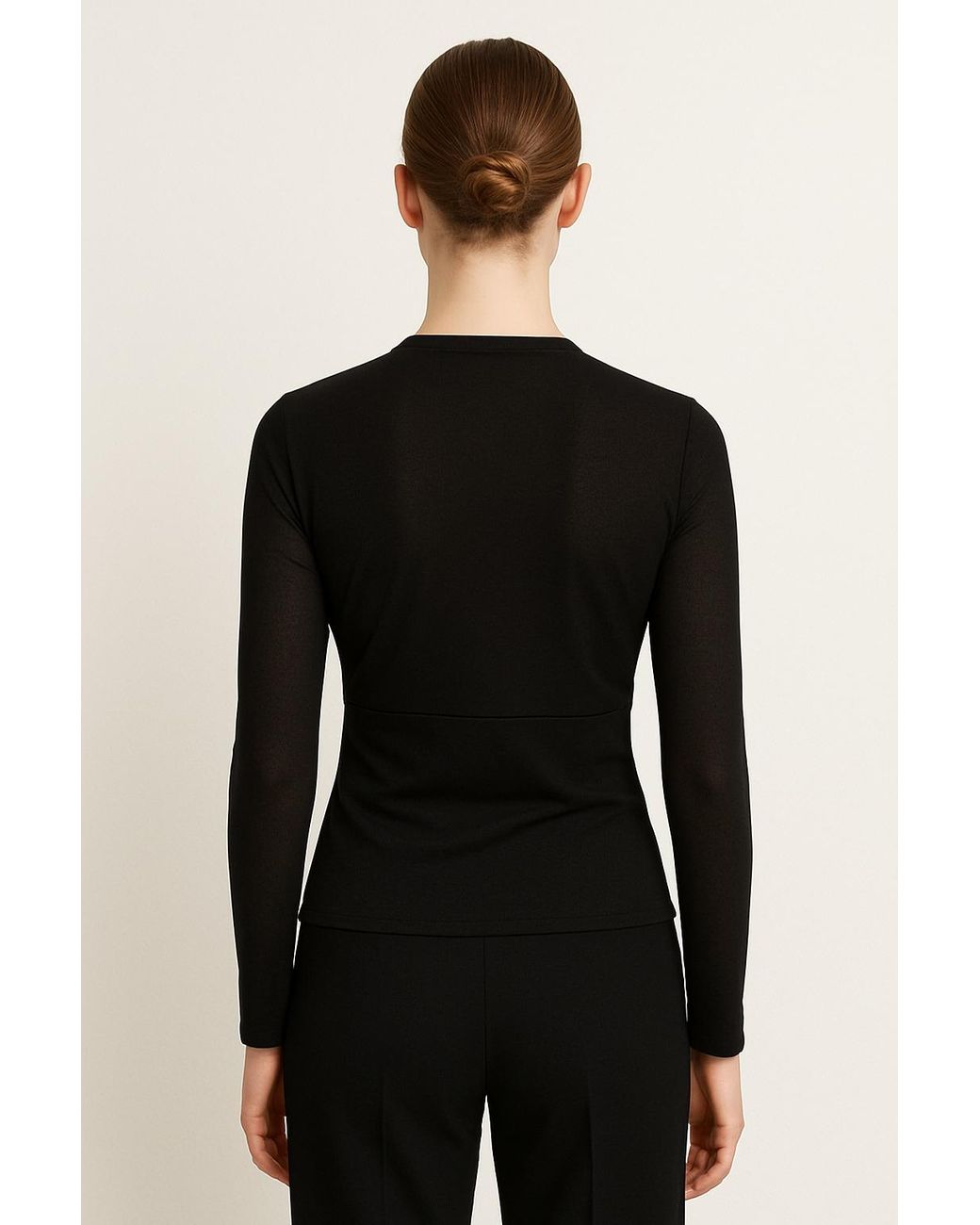 Conquista Black Long-Sleeve Top With Elegant Wrap Front