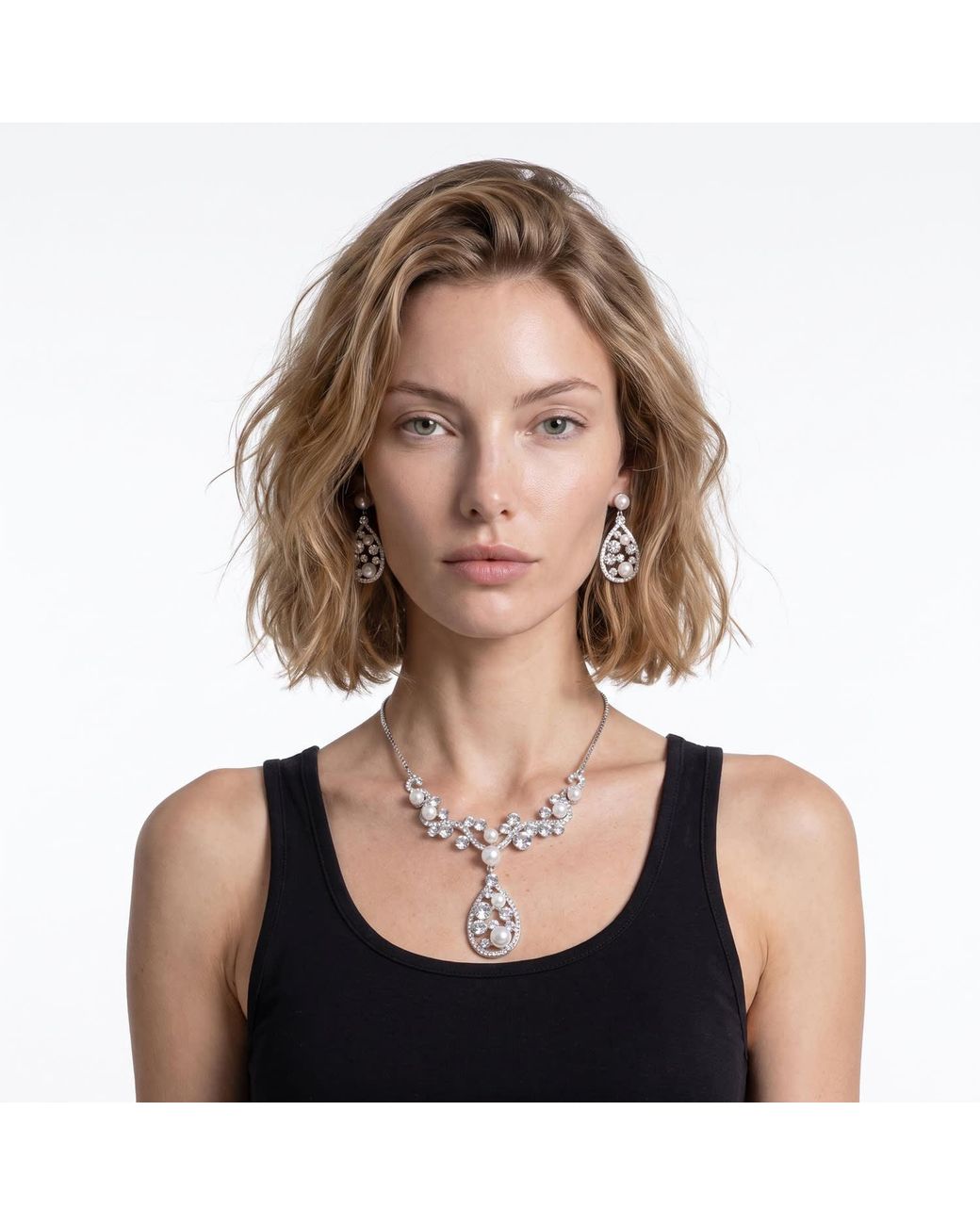 Modenaire Metallic Elegant Pearl And Crystal Teardrop Necklace Set