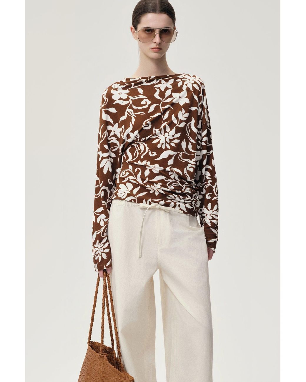 FRONT ROW SHOP Brown Mai Draped Viscose Jersey T-Shirt