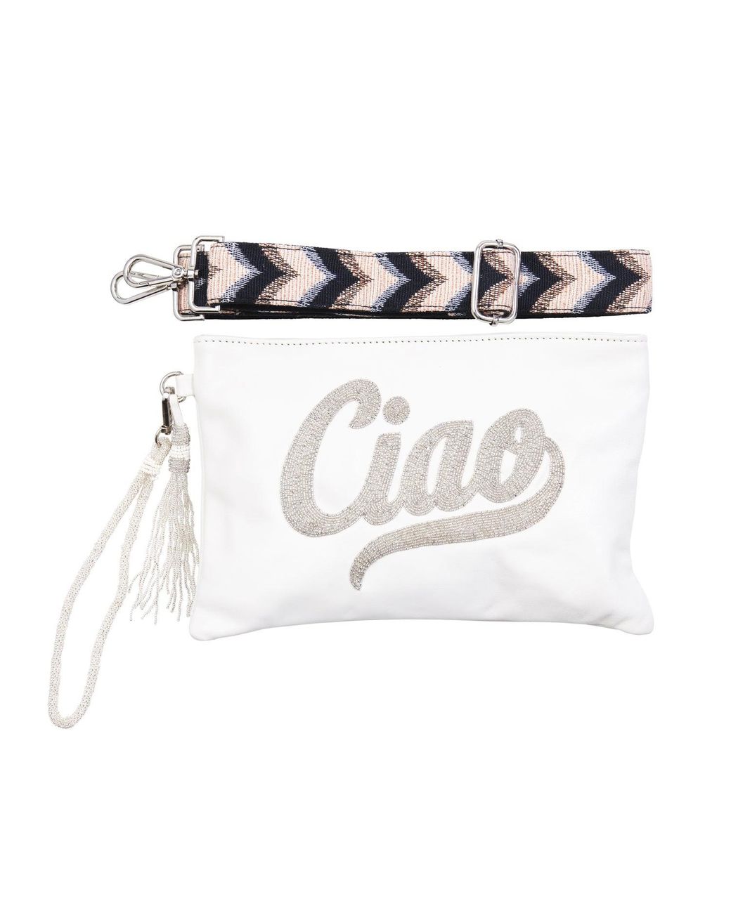 Sidney Byron White Ciao Beaded Leather Bag With Crossbody Strap