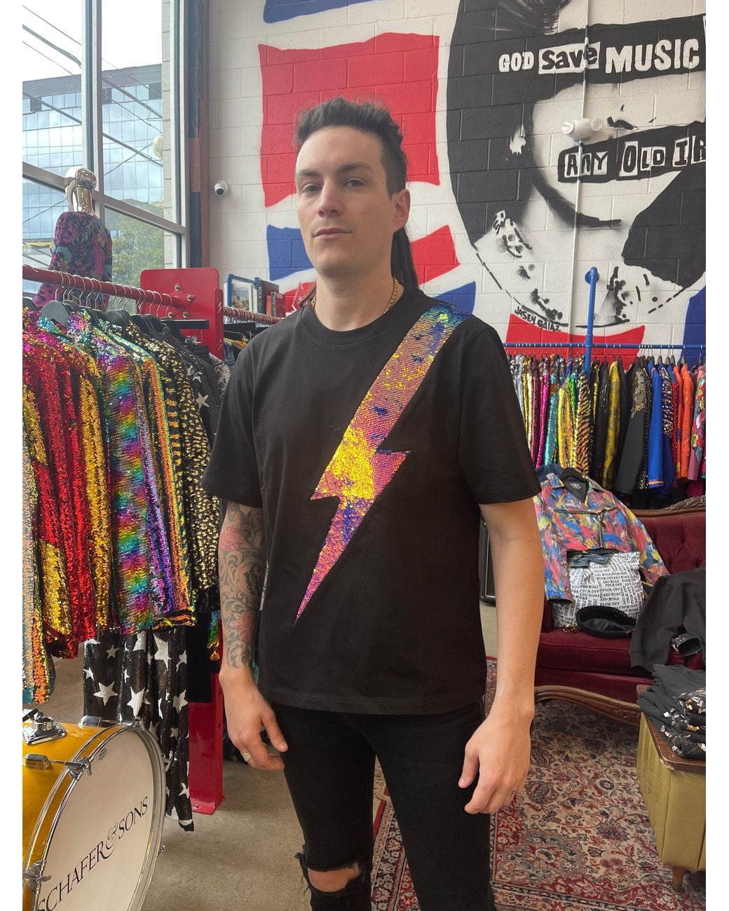Any Old Iron Blue Iridescent Oil Slick Sequin Lightning T-Shirt for men