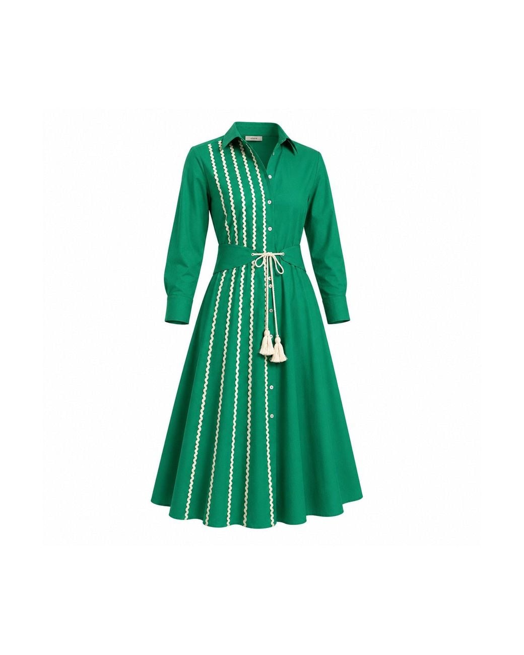 IZABELA MANDOIU Green Emerald Midi Shirt Dress With Ric Rac Trim & Tassel Belt