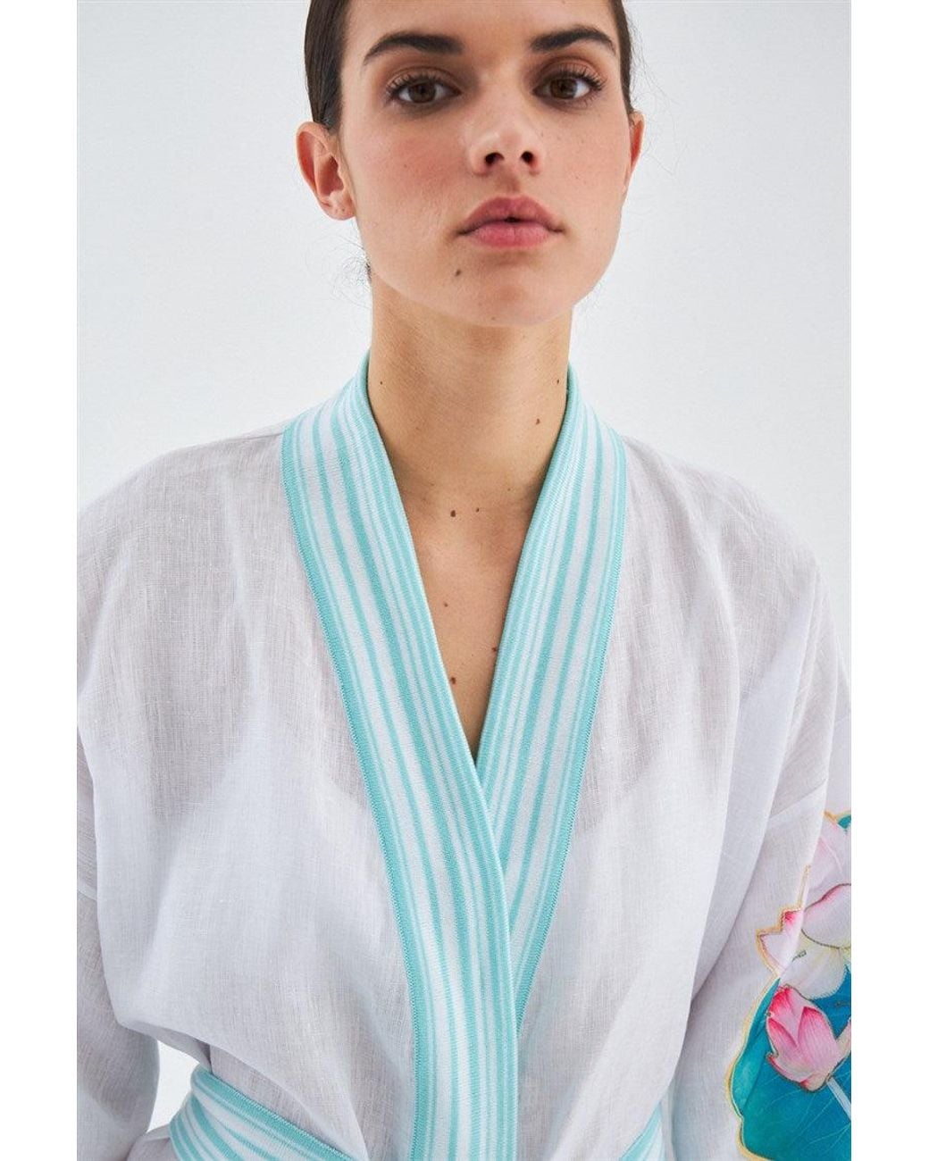 Peraluna Blue Lotus Flower And Fish Applique Linen Kimono