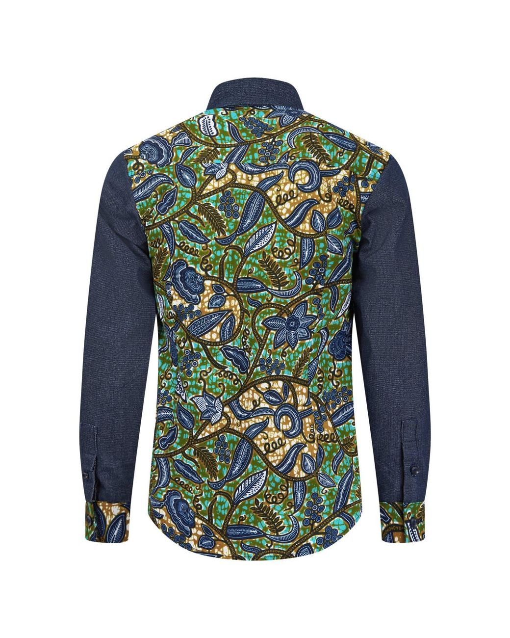 Ohema Ohene Blue Denim & African Print Cotton Shirt- Floral for men
