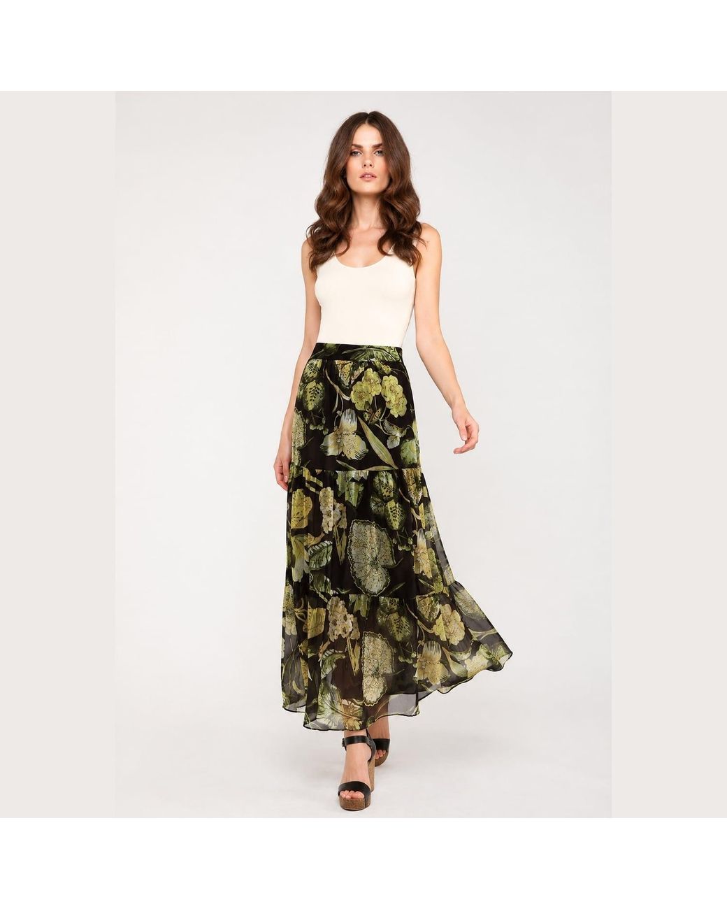 Conquista Green Floral Print Sheer Tiered Skirt – Semi-Maxi Length, Elastic Waist