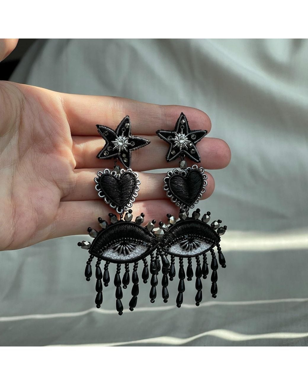 VETKA Black Three-Part Statement Earrings – Dark Charm