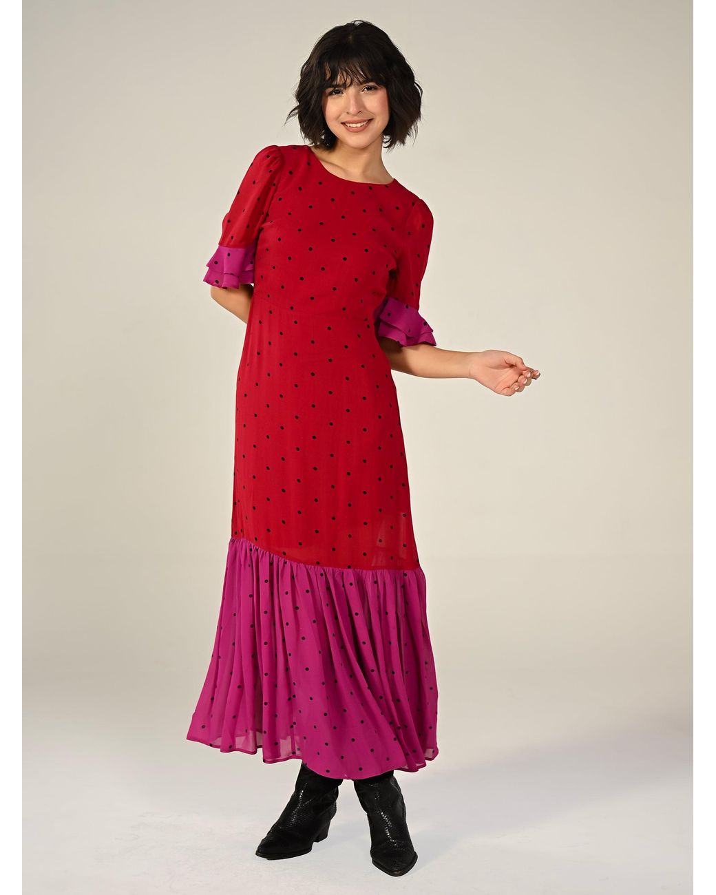 Rose & Nancy Red Saphi And Polka Dot Maxi Dress