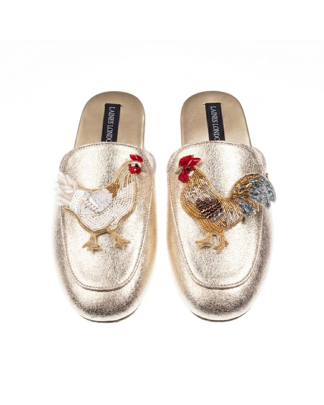 Laines London Metallic Classic Mules With Chicken & Rooster Brooches