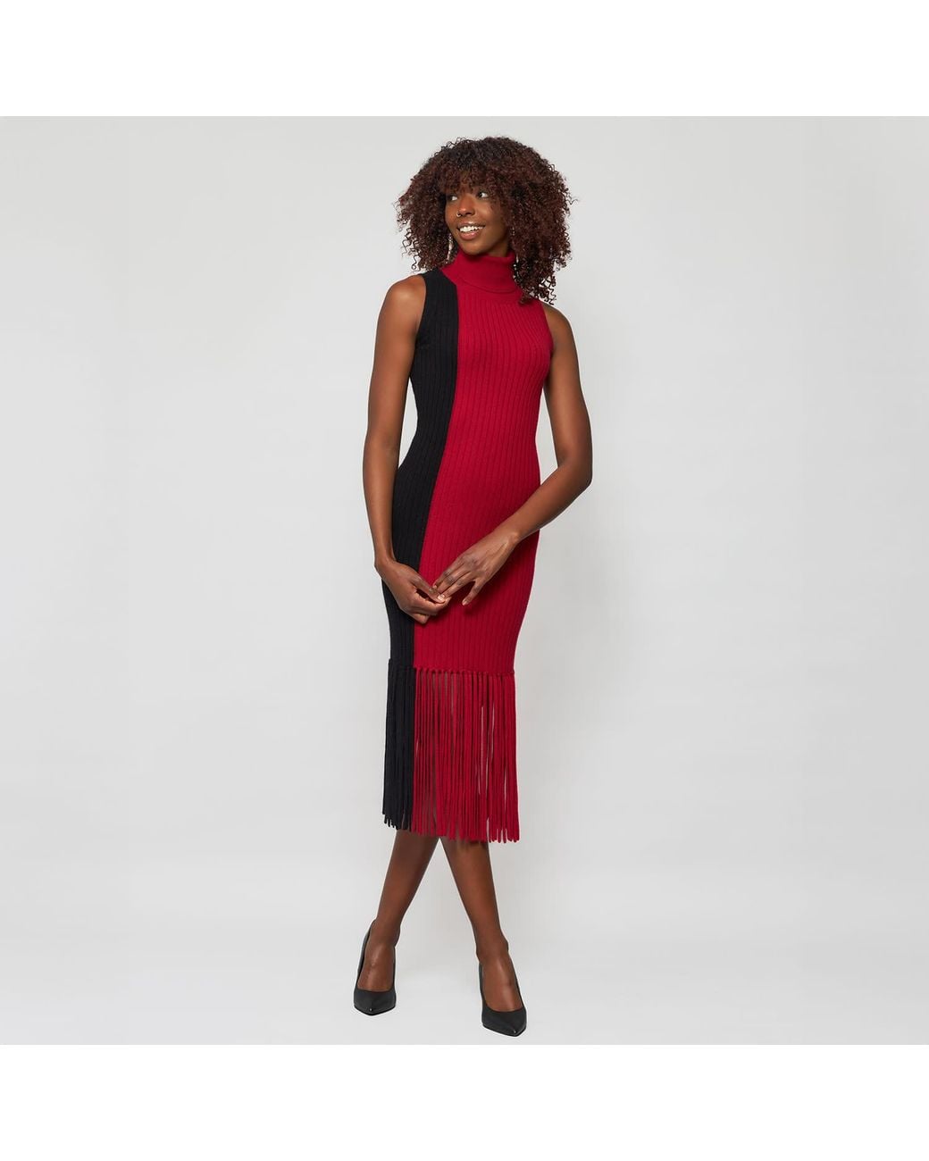 Solgo Atelier Red Elleann Turtle Neck Color Blocking Cashmere Dress