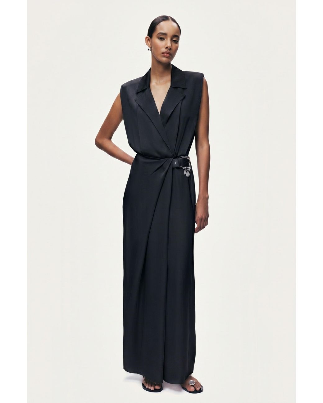 Nocturne Black Embellished Belt-Detail Maxi Dress