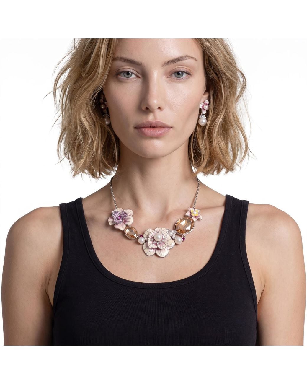 Modenaire Pink Floral Pearl Statement Necklace Earrings Set