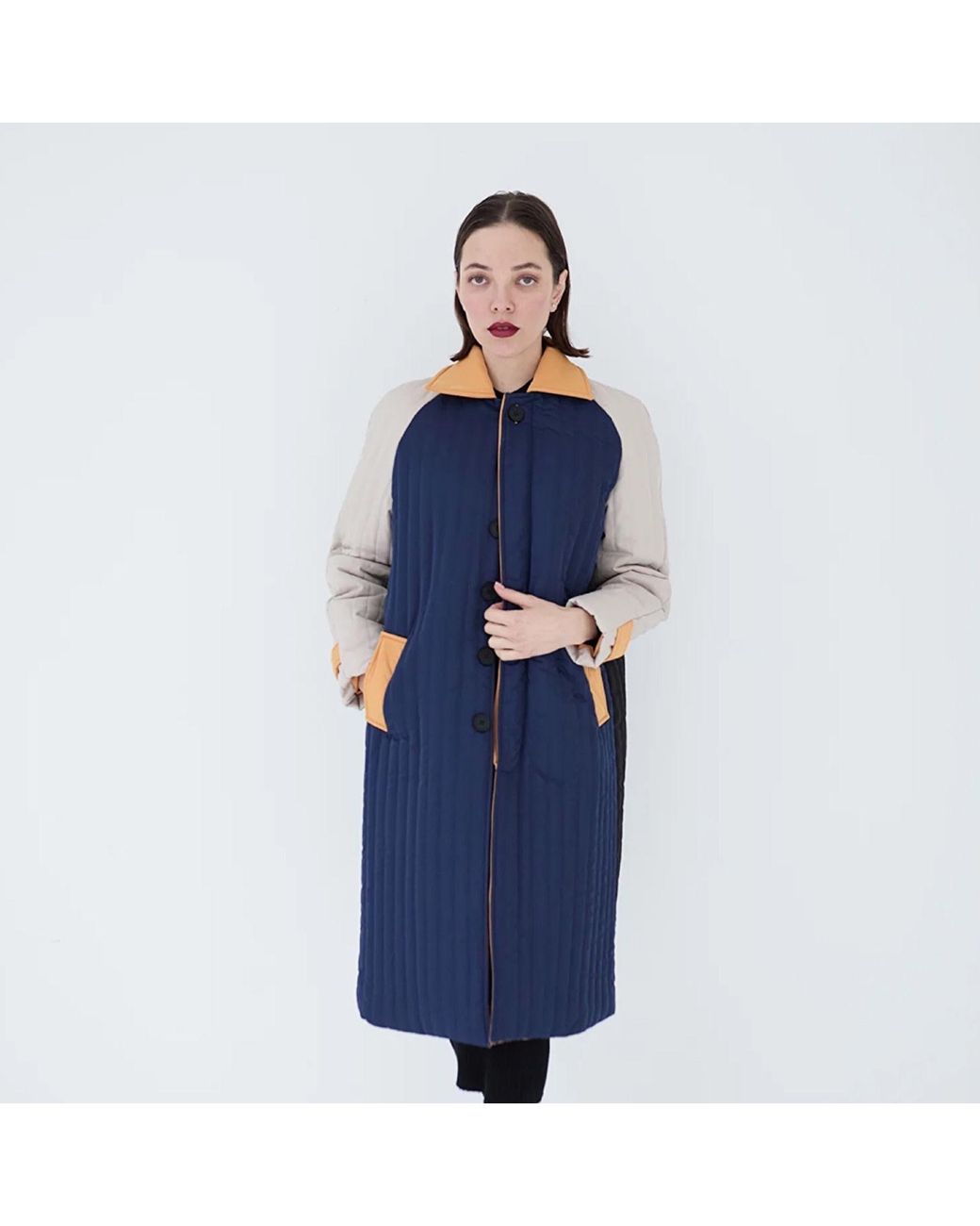 London Atelier Byproduct Blue Neutrals Patchwork Colour Block Quilt Long Jacket