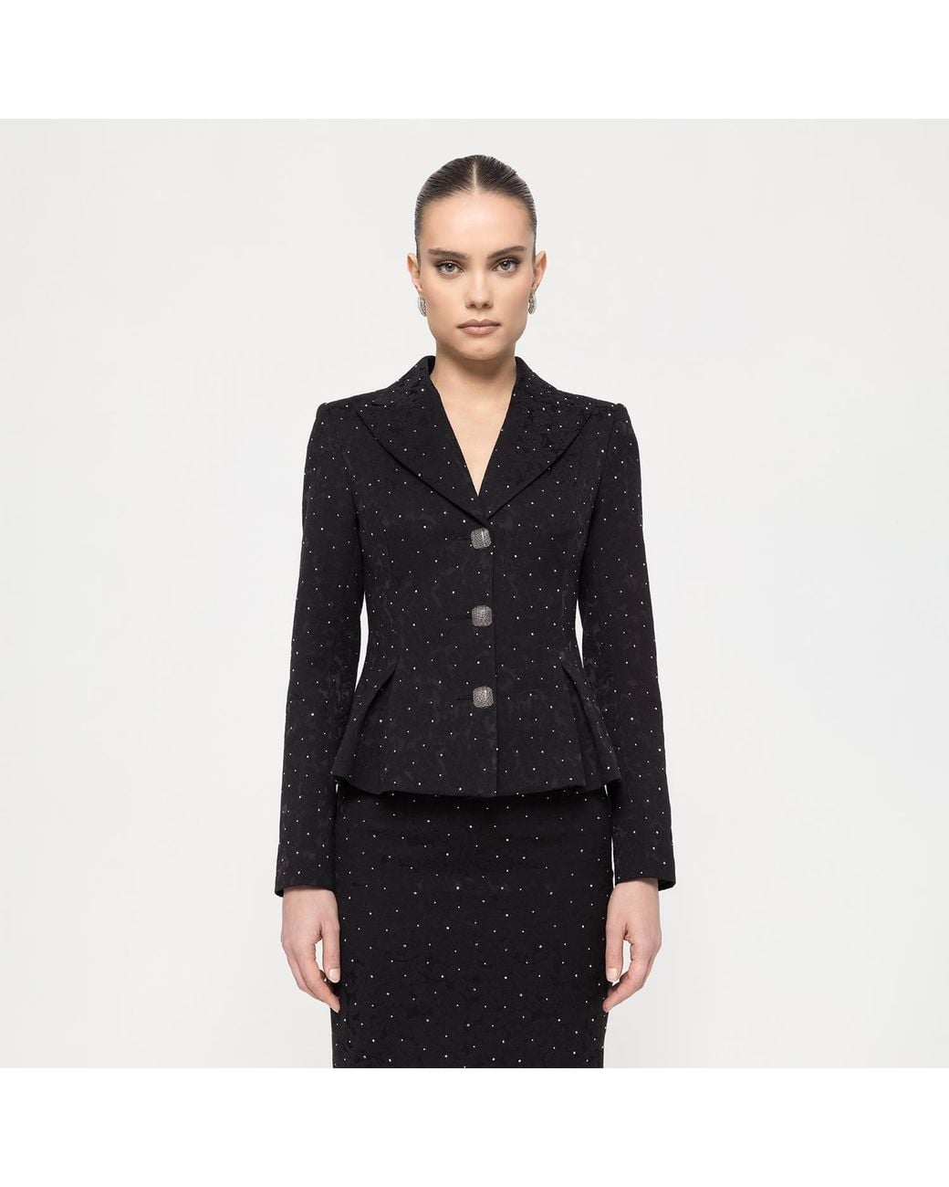 Nissa Black Rhinestone-Embellished Brocarde Blazer