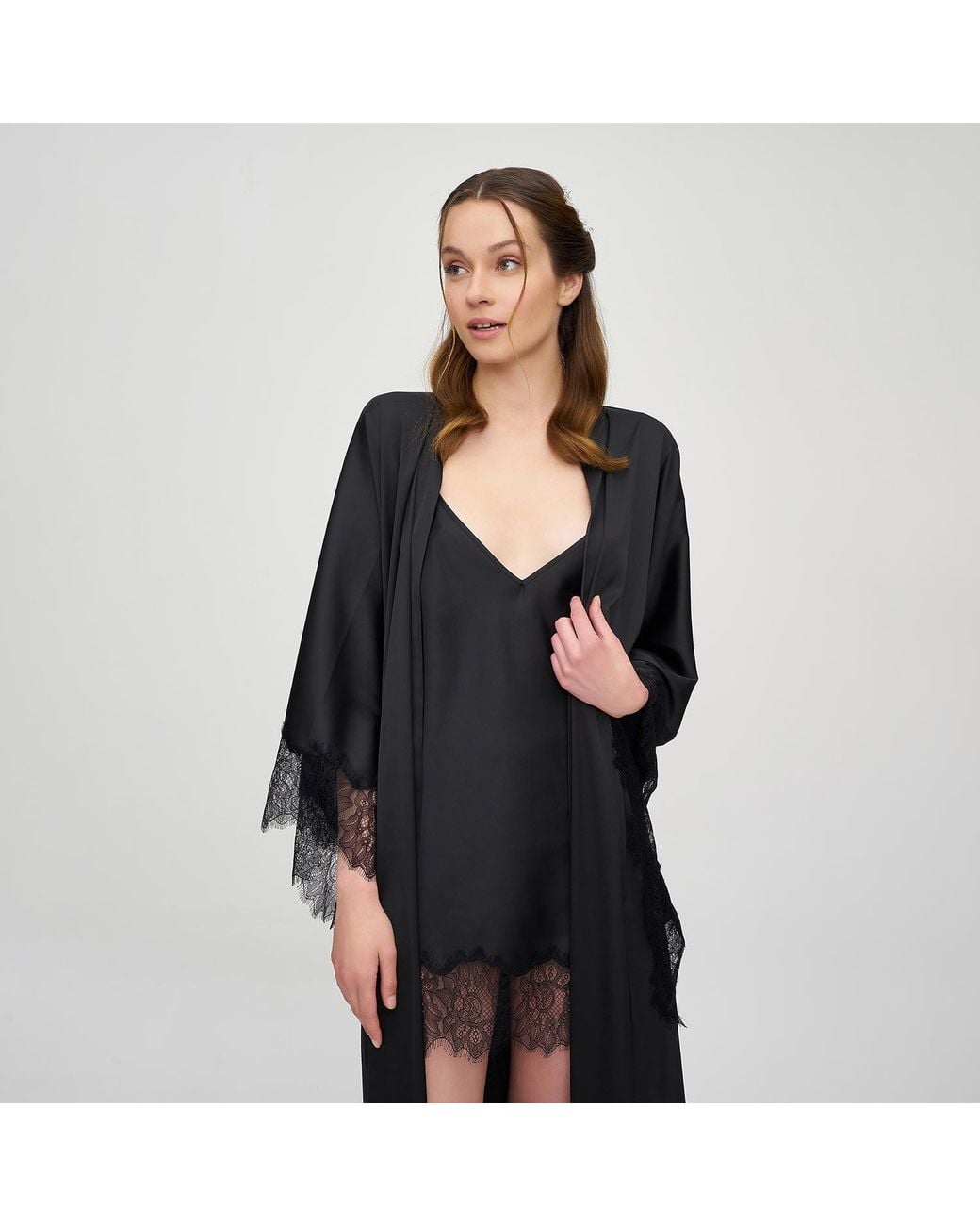 Avenue 8 Black Lace Maxi Silk Robe