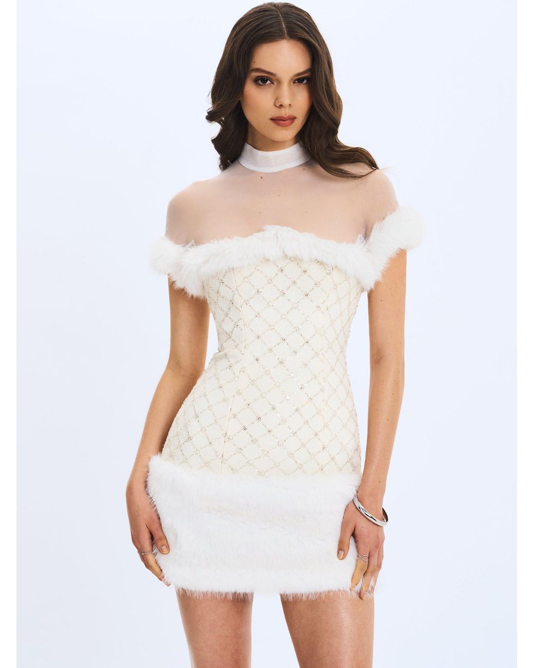 Miss Circle New York Taylor Ivory Fur Trimmed Beaded Bouclé Mini Dress ...