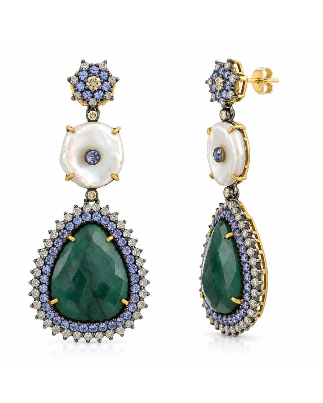 Artisan Green 18k Gold 925 Silver Diamond Emerald Pearl Tanzanite Diamond Dangle Earrings