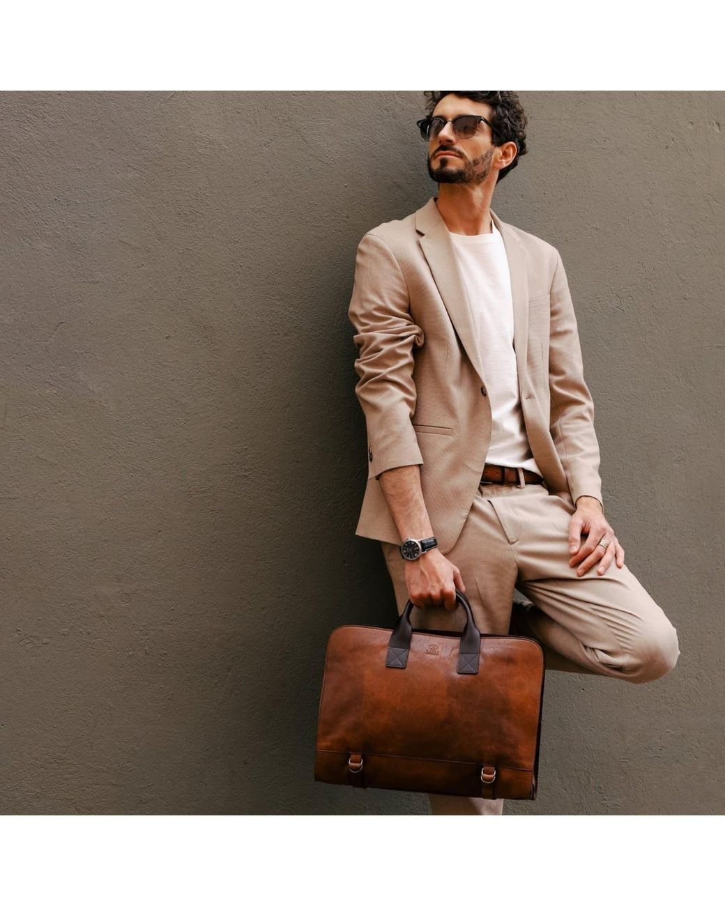 Time Resistance Brown Leather Briefcase Laptop Bag for men