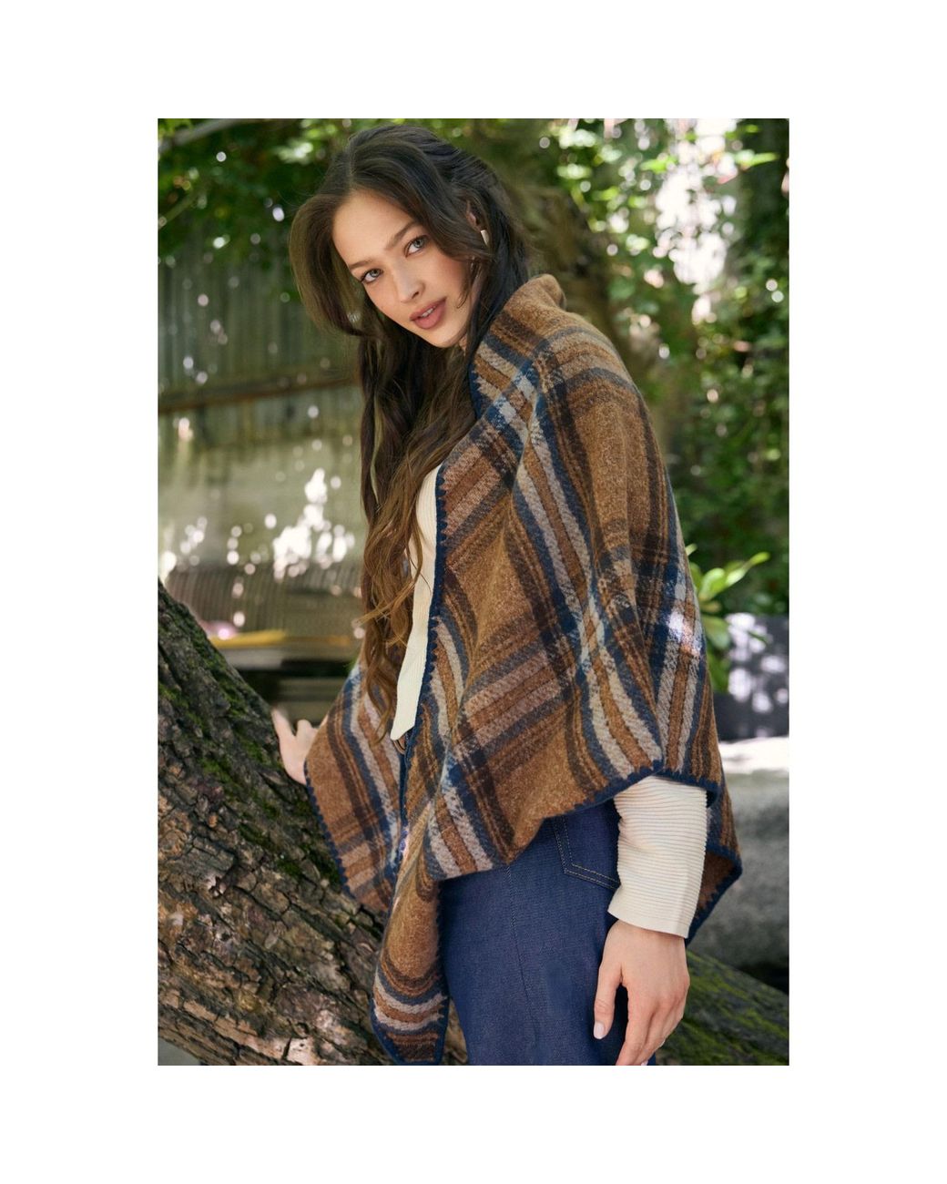 Saachi Brown Knitted Plaid Triangle Shawl