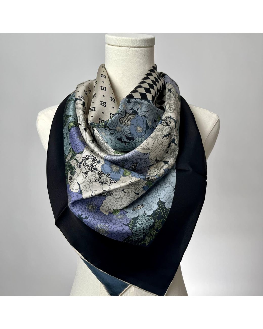 Wenzi Gray Patchwork Of Dreams Hand Painted Pattern Double Sided Silk Twill Scarf