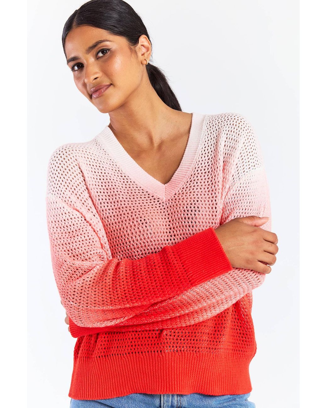 Brodie Cashmere Red Mesh Dip Dye V Neck