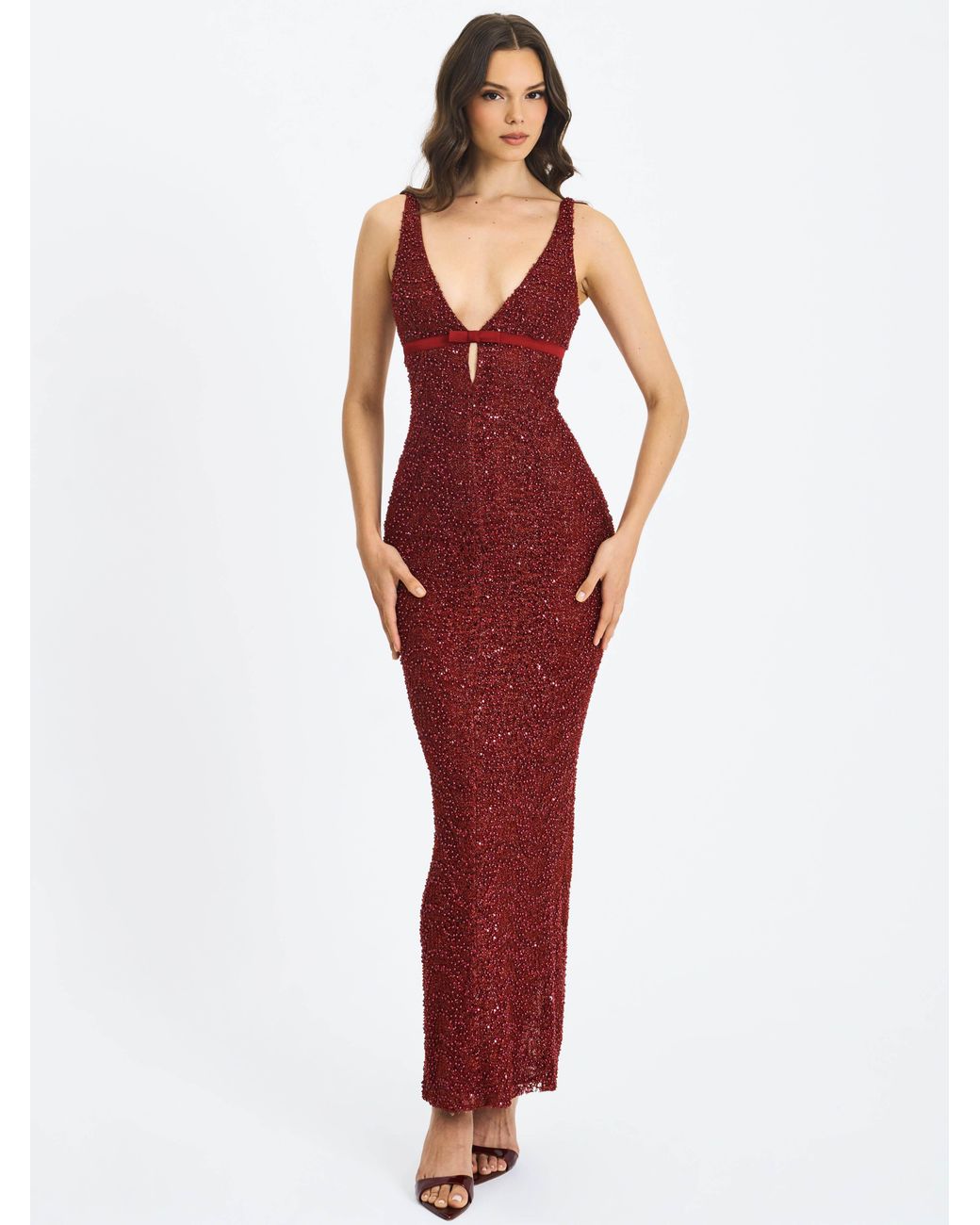 Miss Circle New York Red Elora Crimson Sequin Beaded Keyhole Maxi Dress