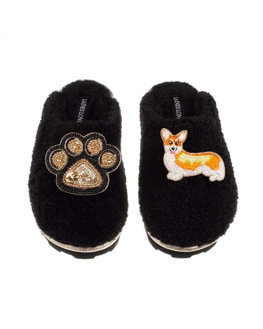 Laines London Black Teddy Closed Toe Slippers With Paw & Peach The Corgi Brooches