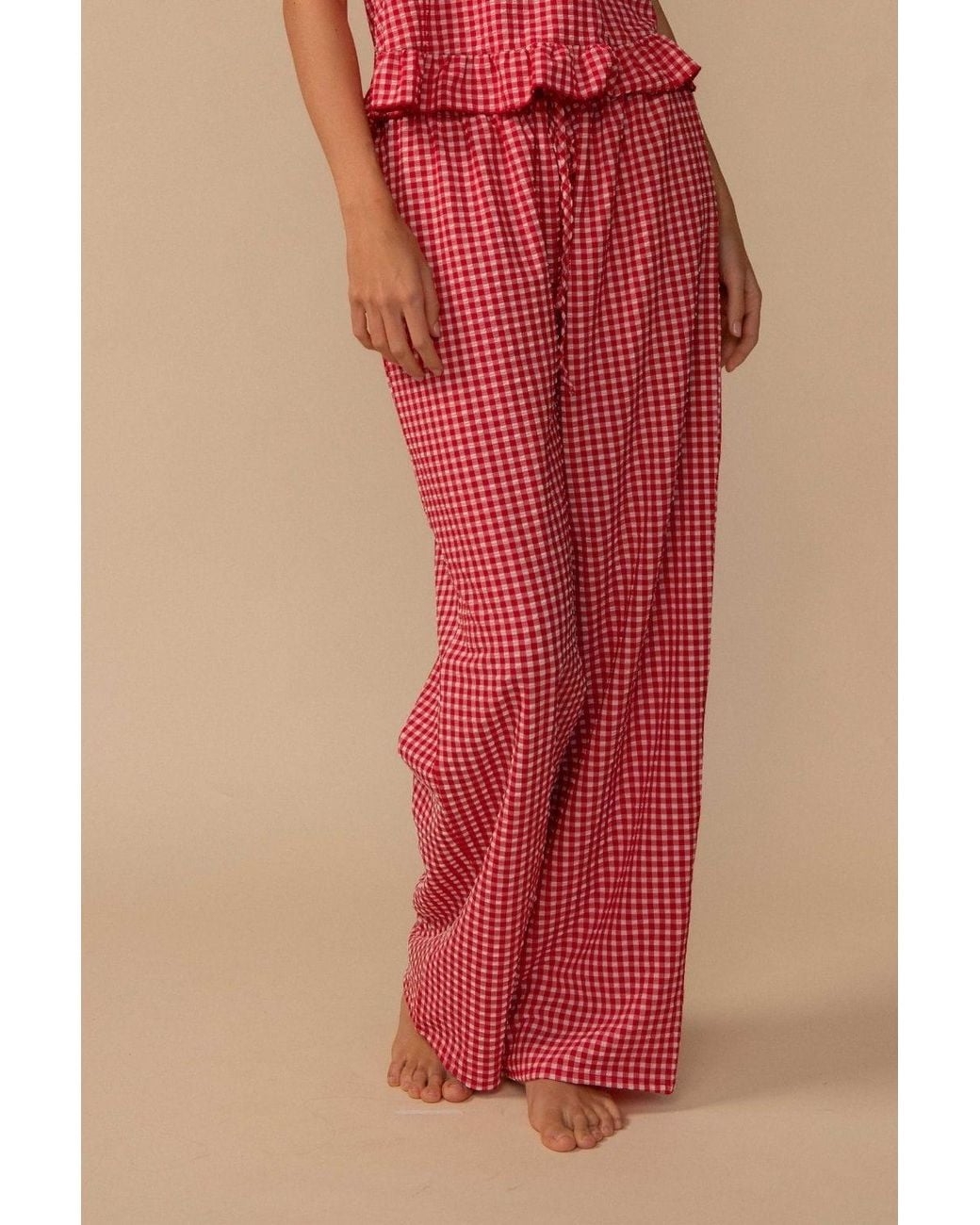 Montce Red Micro Gingham Drawstring Wide-Leg Pant