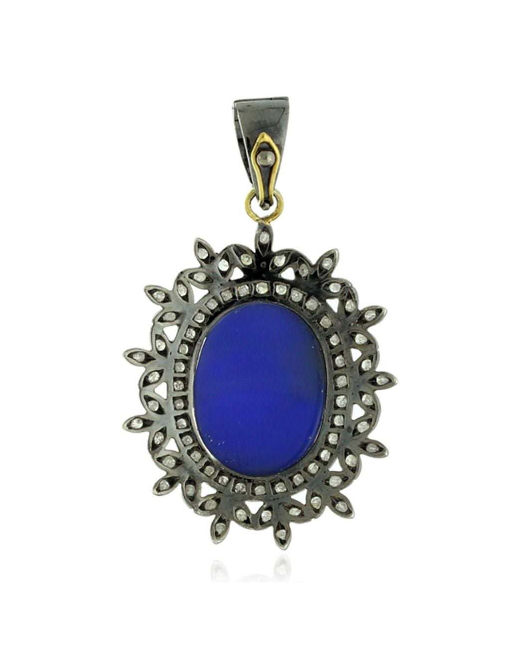 Artisan Blue Carved Shall Cameo & Diamond Angle Design Pendant In 18k Gold With Silver