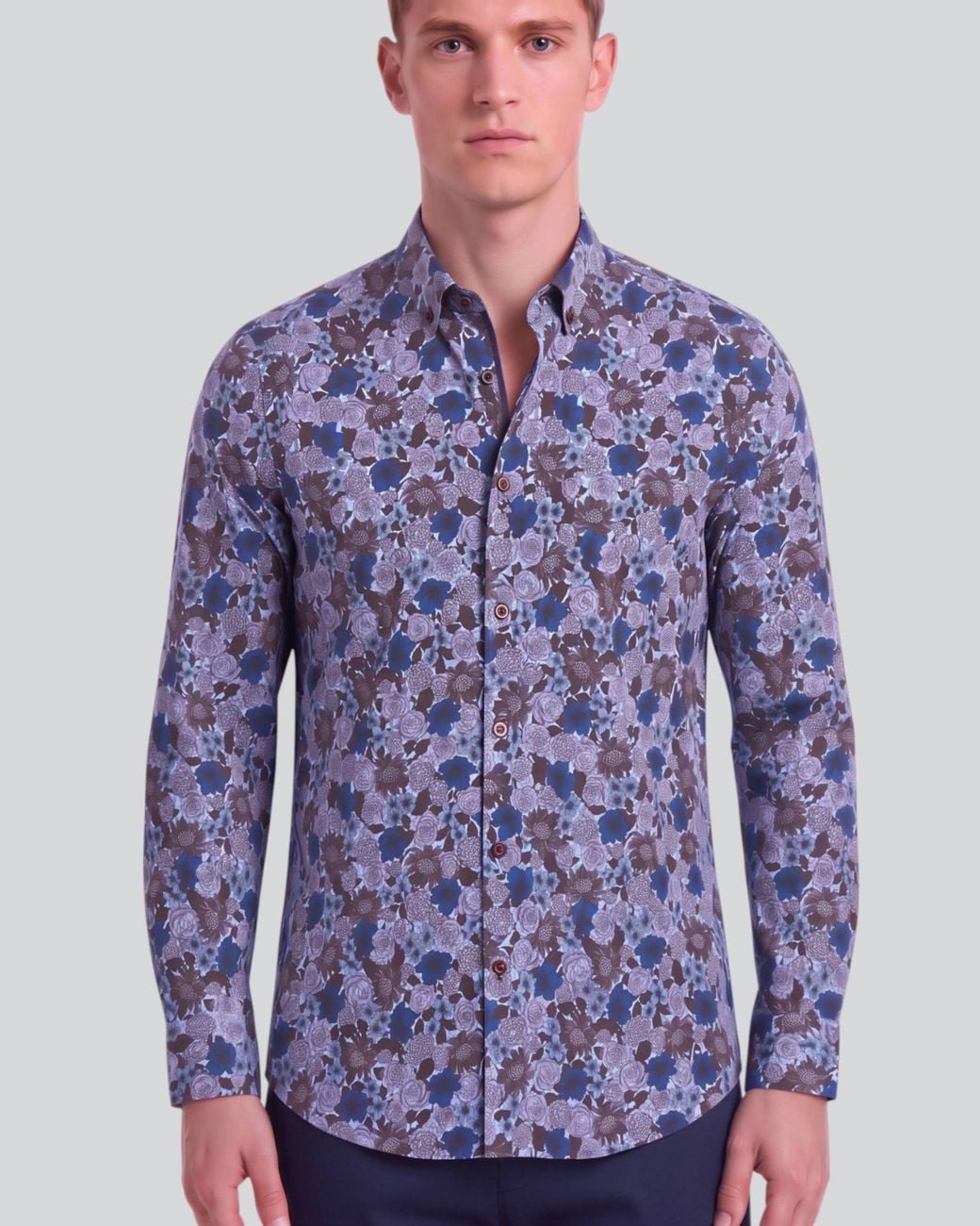 Lords of Harlech Blue Simon Ternberg Floral Brownie Stretch Jersey Long-Sleeve Shirt for men