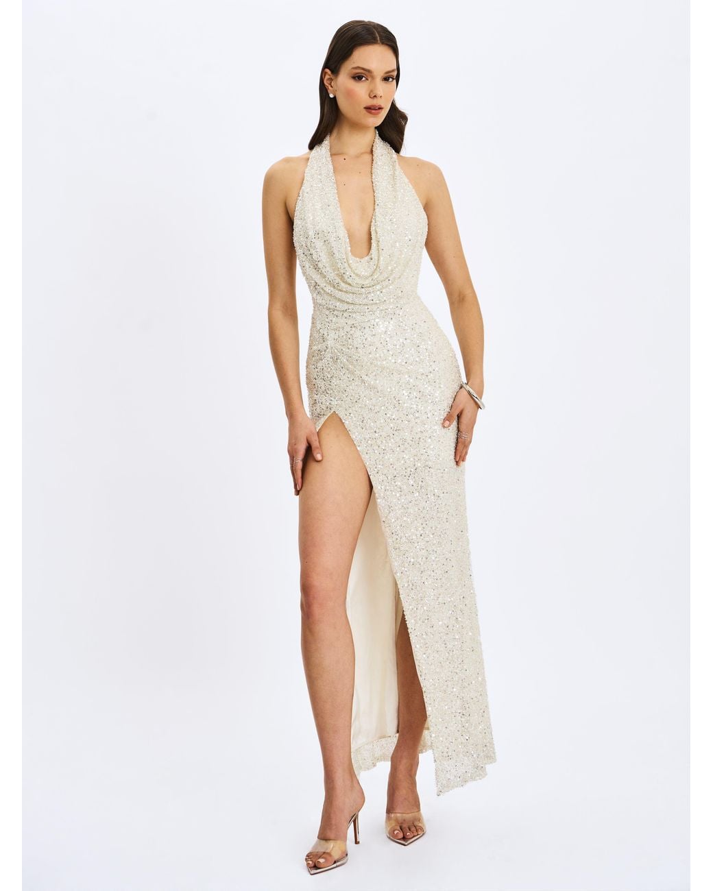 Miss Circle New York White Niamh Golden Beaded Cowl Halter Backless Maxi Dress