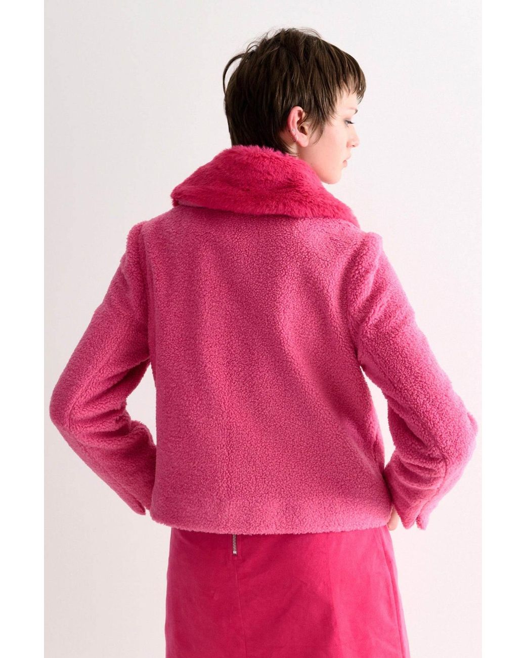Louche Pink Apple Borg Faux Fur Collar Cropped Jacket –