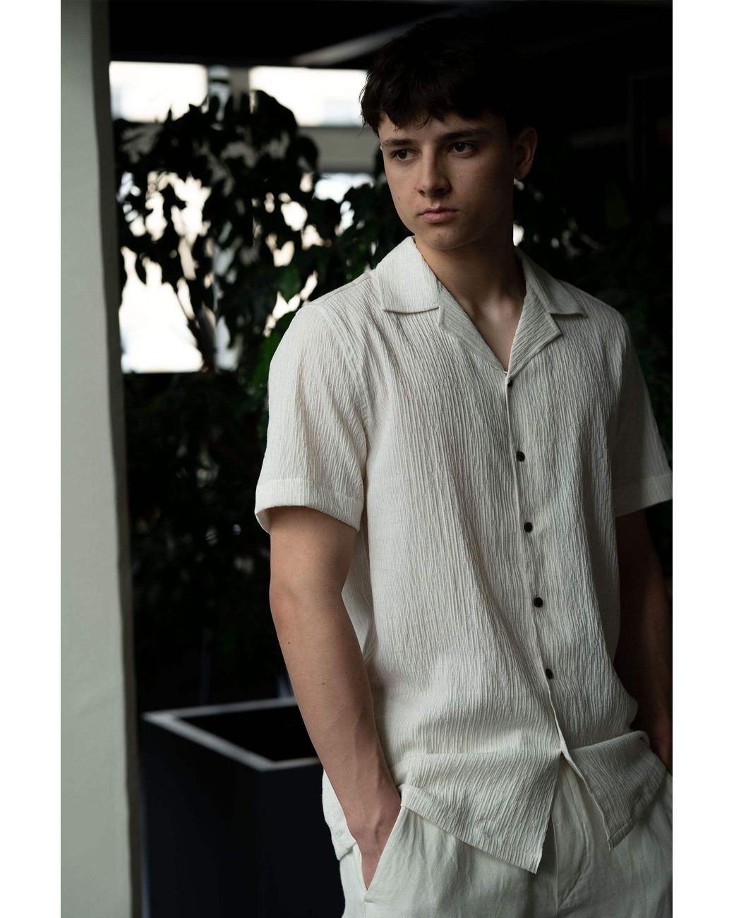 Stovaria Natural Camp Collar Half Sleeve Crushed Cotton Shirt With Coconut Shell Buttons for men