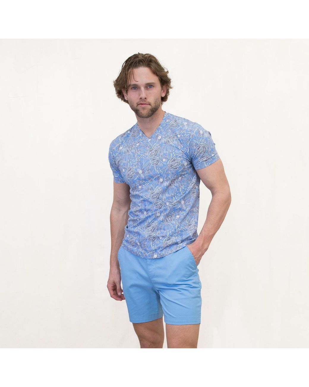 Lords of Harlech Blue Maze Handcut Floral V-Neck Tee for men