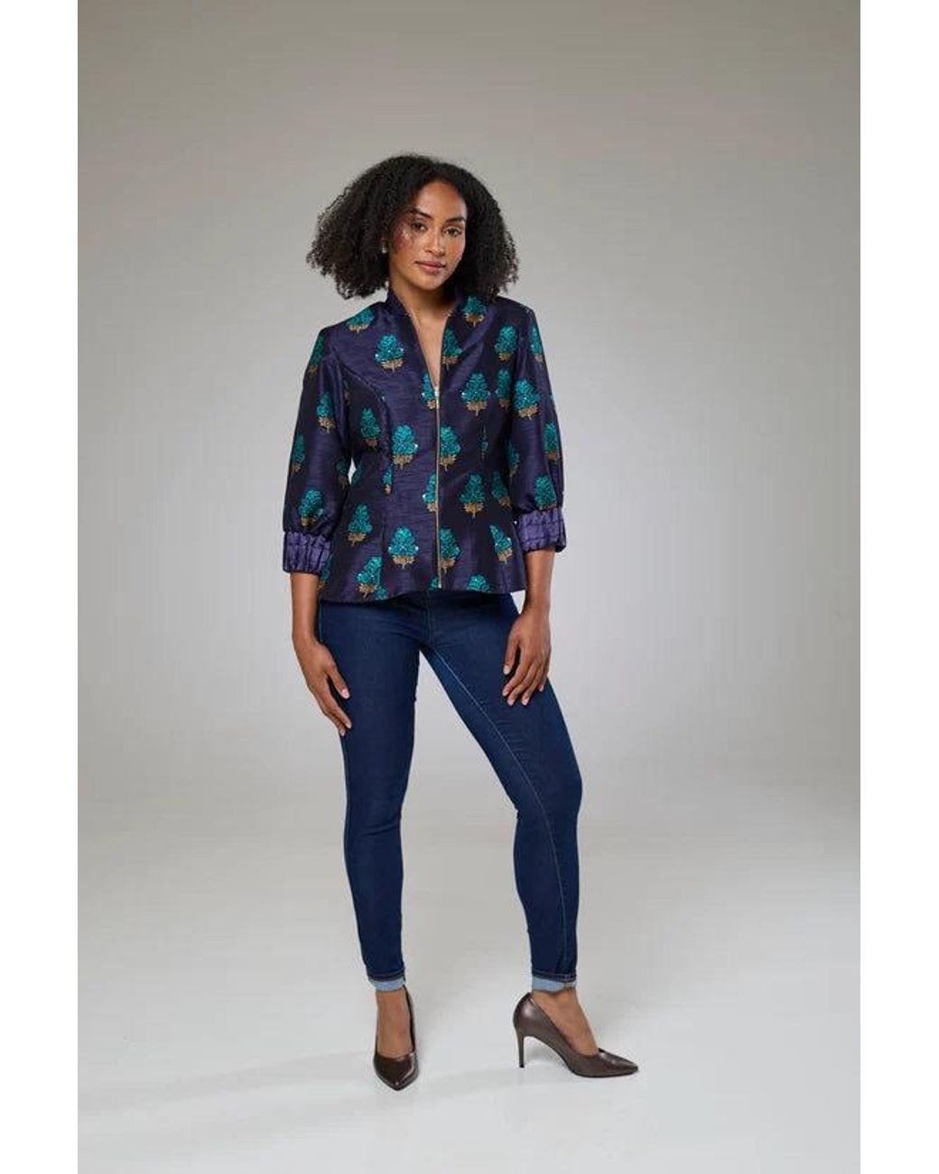 Lioness by Tf Blue Aquamarine Embroidered Raw Silk Fitted Jacket Blouse