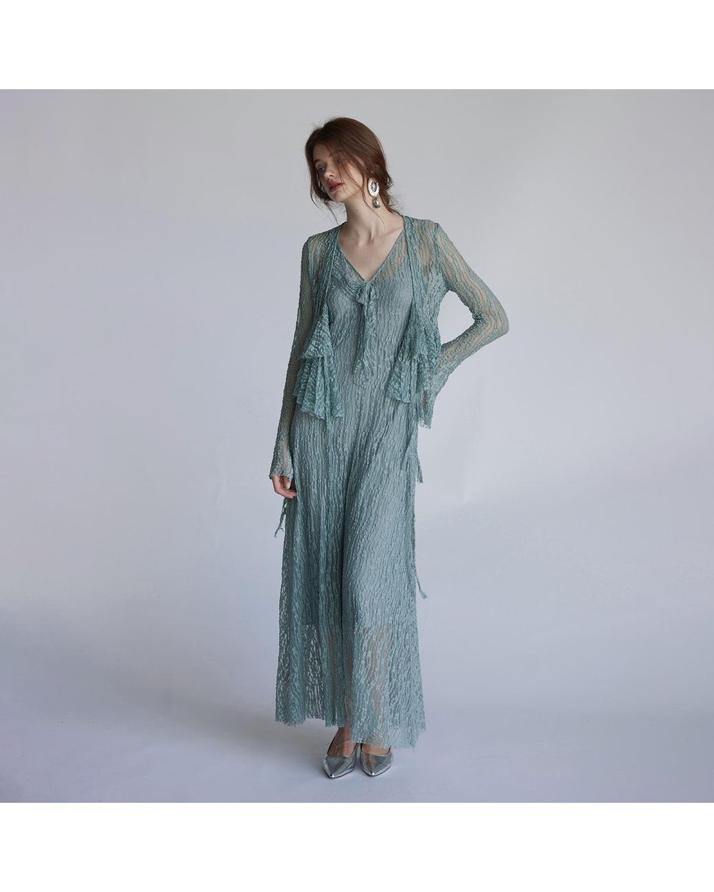 Belsize25 Blue Flared Sleeve Knitted Lace Cardigan