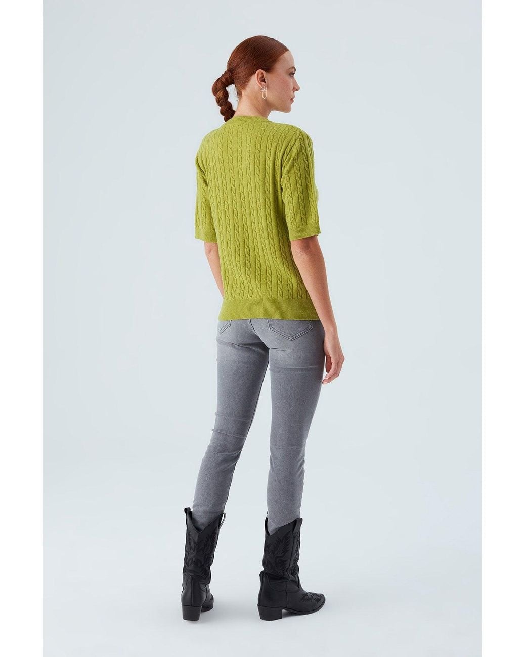 Peraluna Green Nicole Cable Knit Cashmere Blend Short Sleeve Blouse