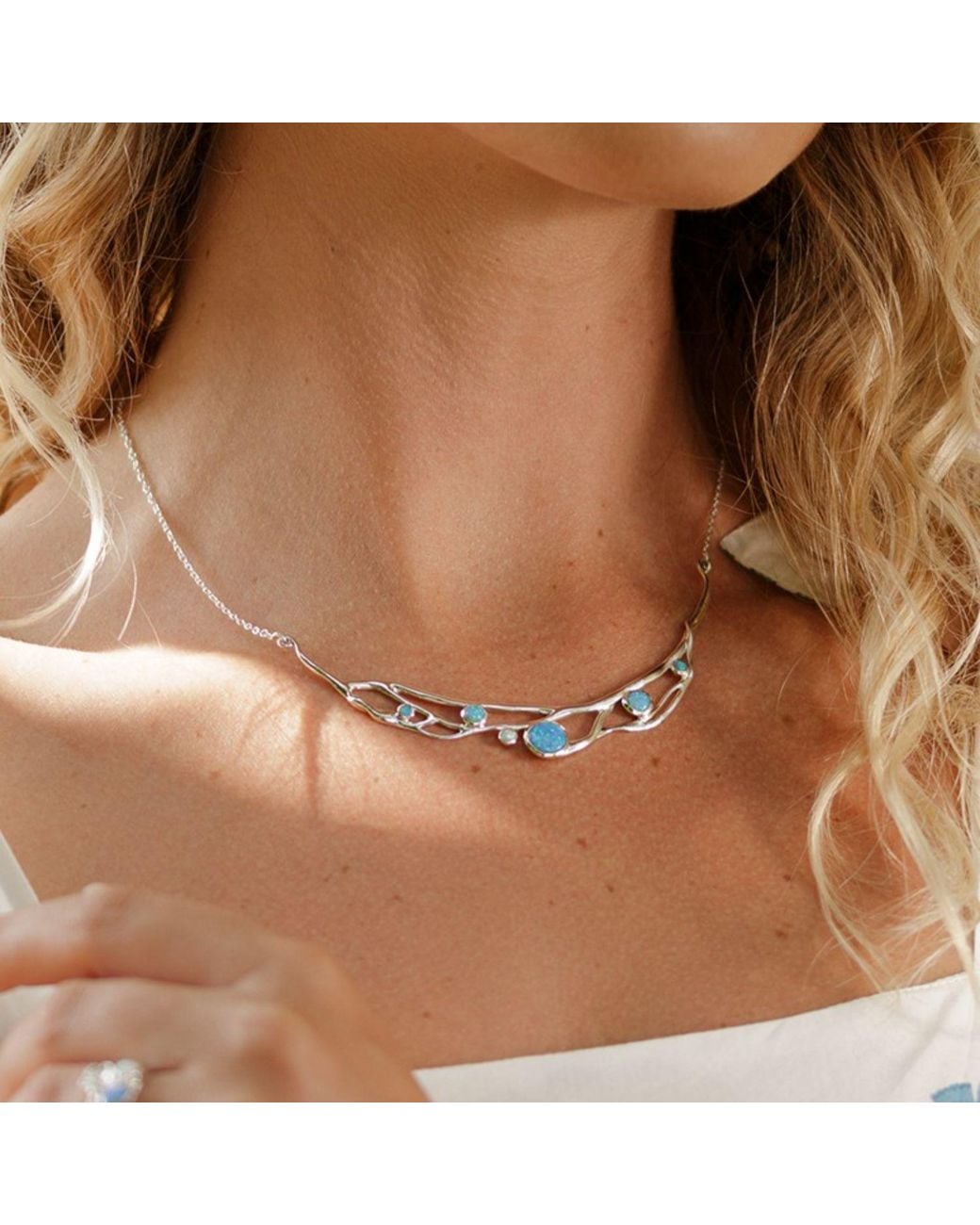 Isla Silver Metallic Handmade Organic & Fire Opal Statement Necklace